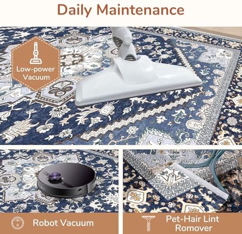 OPPODREAM Soft Area Rugs 9x12, Persian-Inspired Washable Rug, Blue & Gold