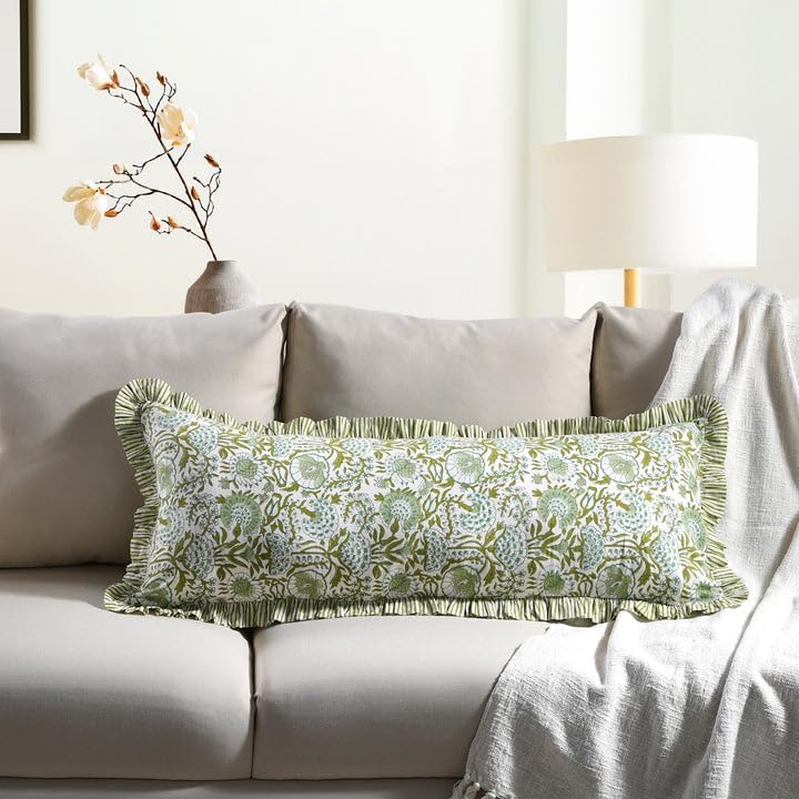 CPC Agate Green Block Print Ruffle Sham Pillow Cover 14x36 Inch, Pack of 1
