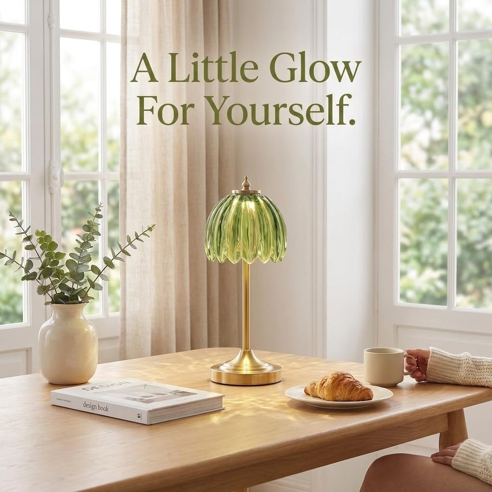 Tulip Glass Rechargeable Table Lamp, Floral Cordless Table Light(Green)