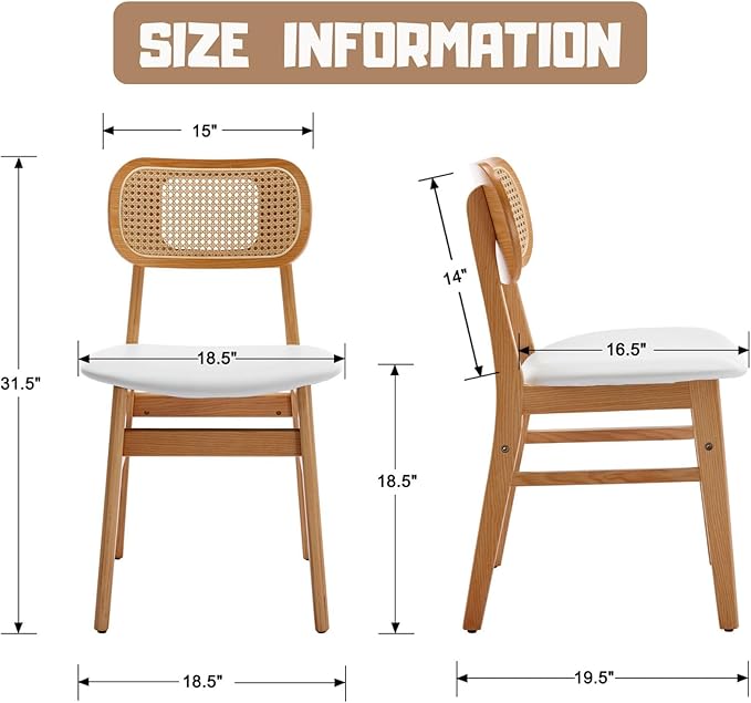 Rattan Dining Chairs Set of 4 White Faux Leather Dining Room Chairs Natural W...
