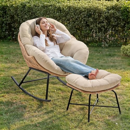 ONBRILL Papasan Rocking Chair with Ottoman, Oversized Papasan Chair, Beige