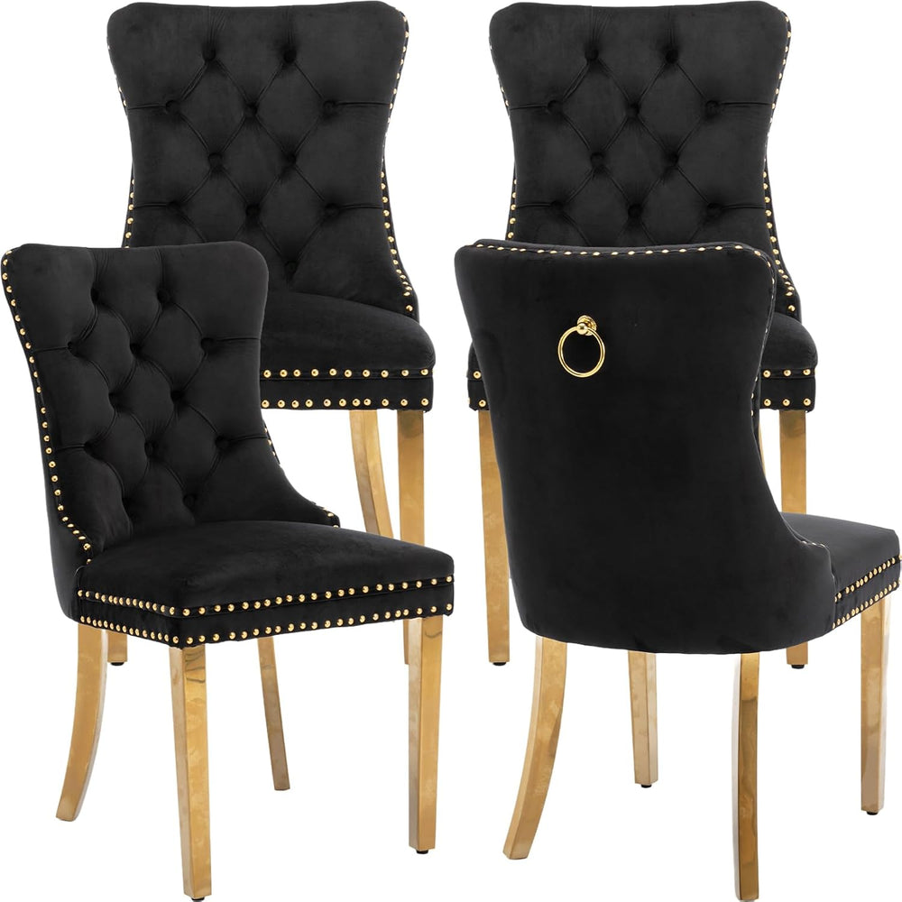 Mid Century Modern Dining Chairs Set of 4, Black Velvet Upholstered Tufted Ba...