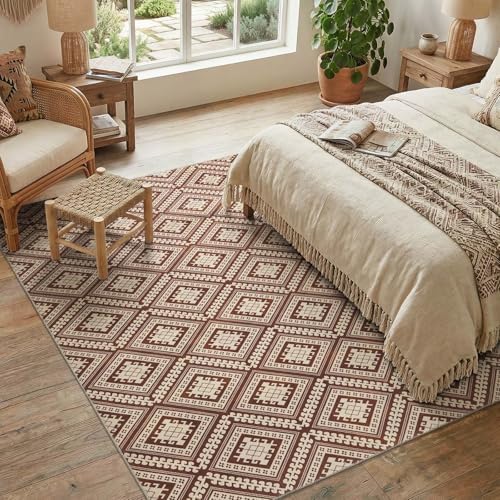 jinchan 5x7 Faux Jute Area Rug Washable Tile-Inspired Rug, Terracotta Brown