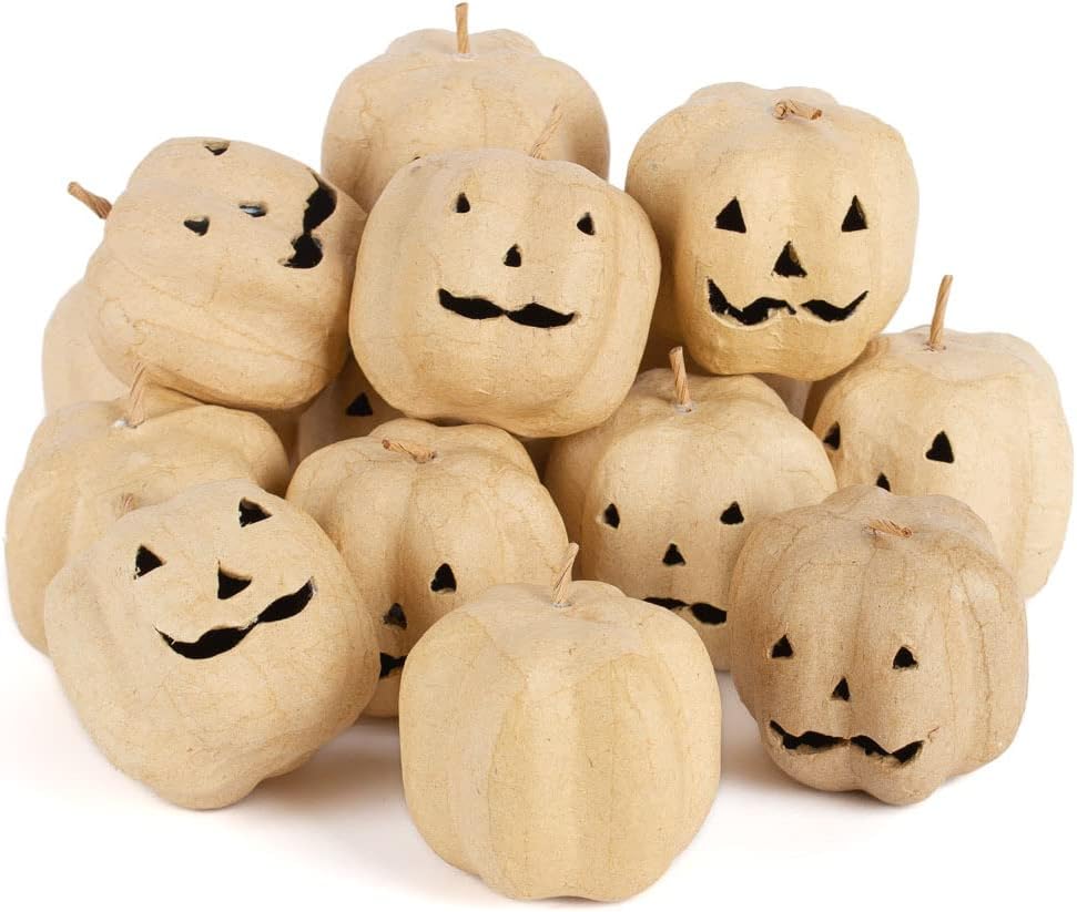 24 Paper Mache Jack‑O’-Lantern Pumpkins – Carved Face Halloween Pumpkins