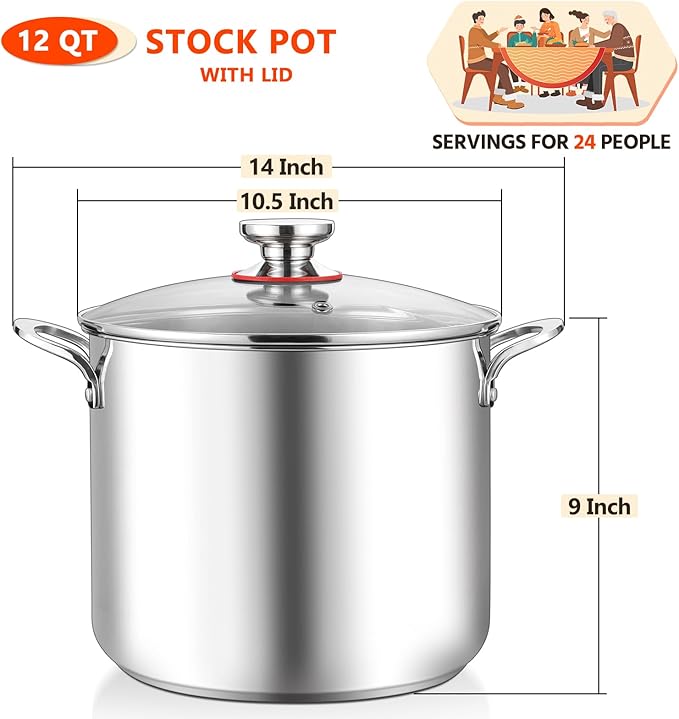 E-far 12-Quart Stock Pot, 18/10 Stainless Steel Stockpot