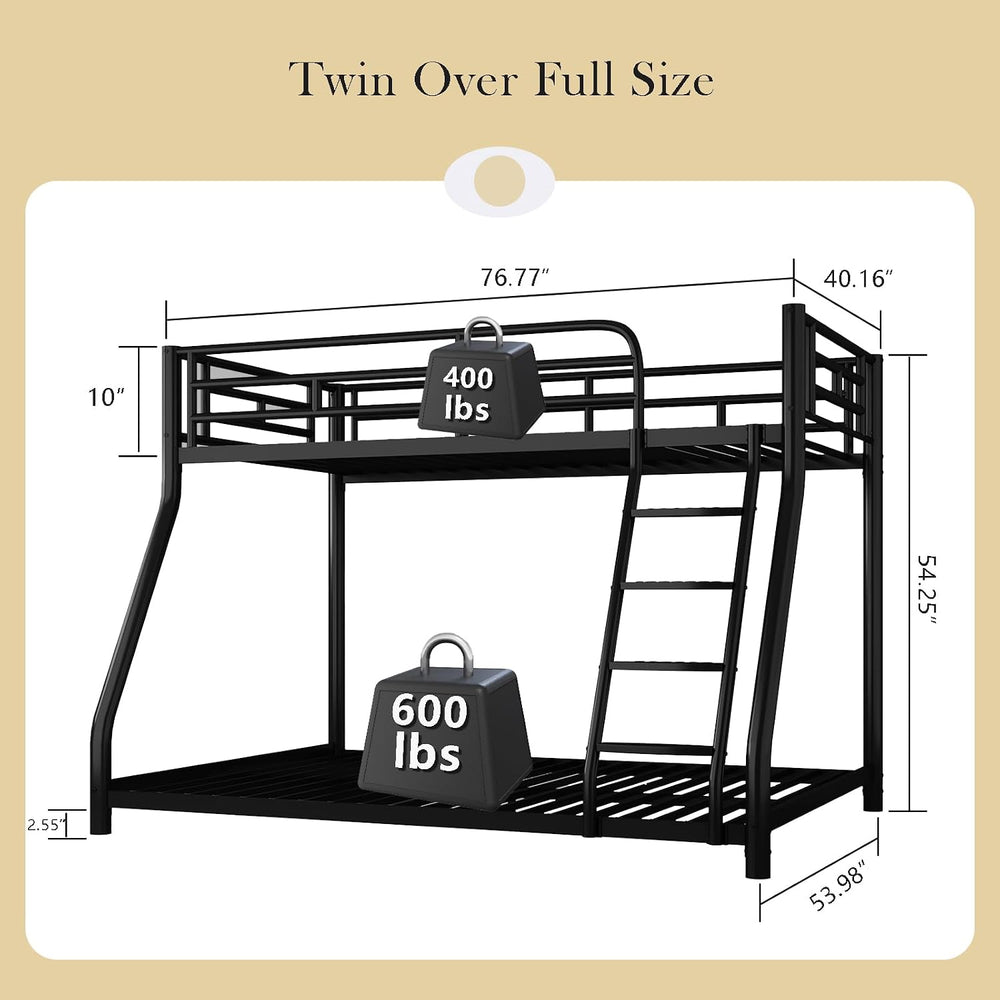 Metal Bunk Bed, Twin Over Full Bunk Bed with Safety Guardrail and Ladder, Hea...
