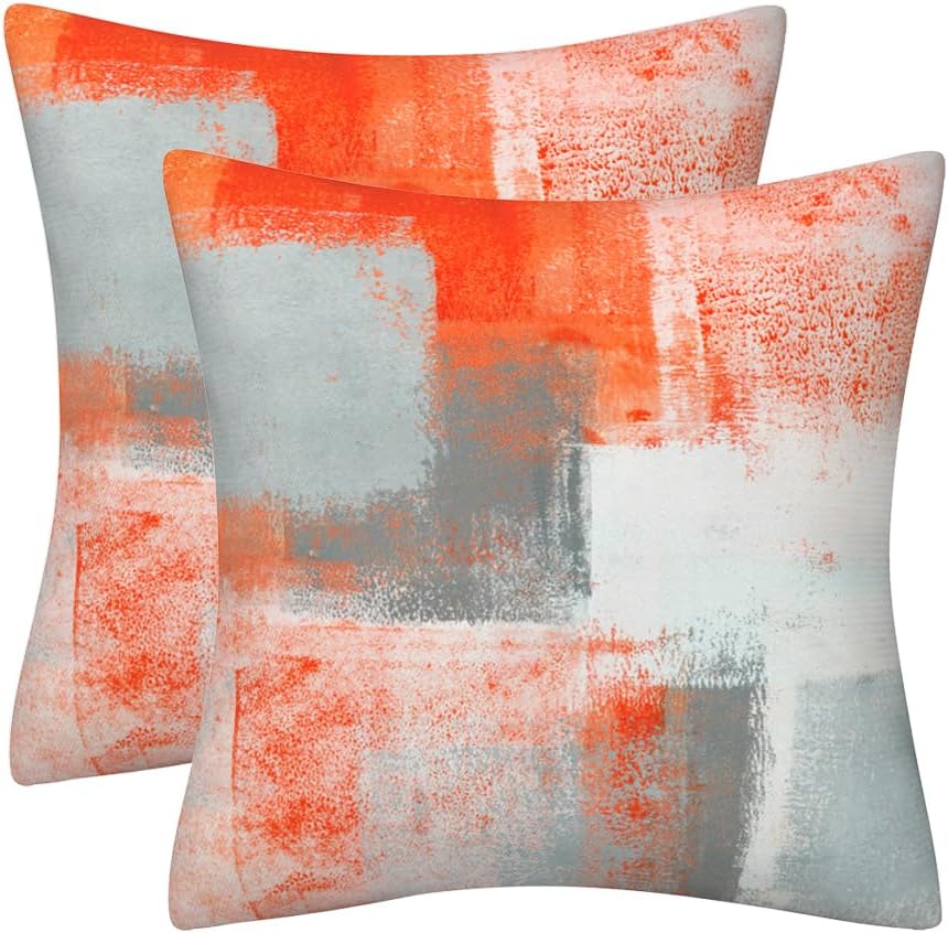 Cushion Cover 40 x 40 cm, Orange Grey White Cushion Covers, Set of 2, Decorat...