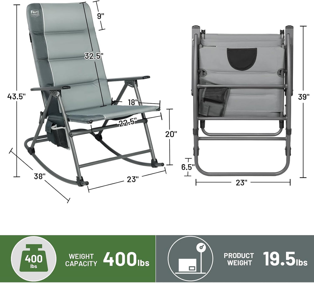 Timber Ridge Oversized Folding Rocking Camping Chair, Padded Outdoor Rocker w...