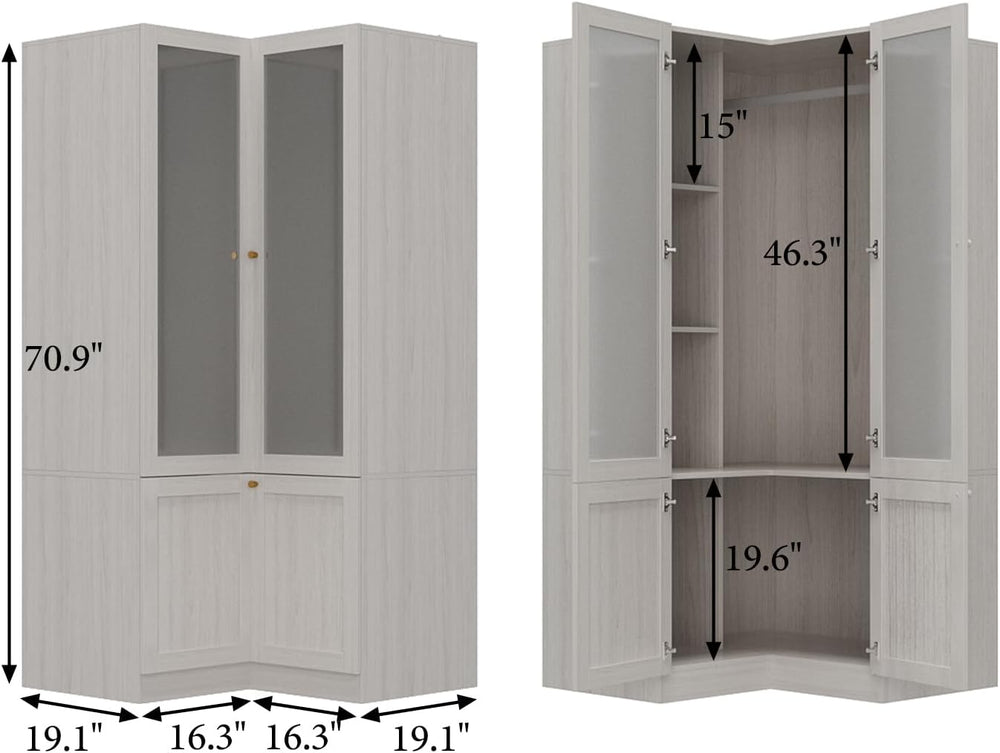 MOUMON Corner Wardrobe, L-Shaped Modern Bedroom Armoires with Frosted Glass D...