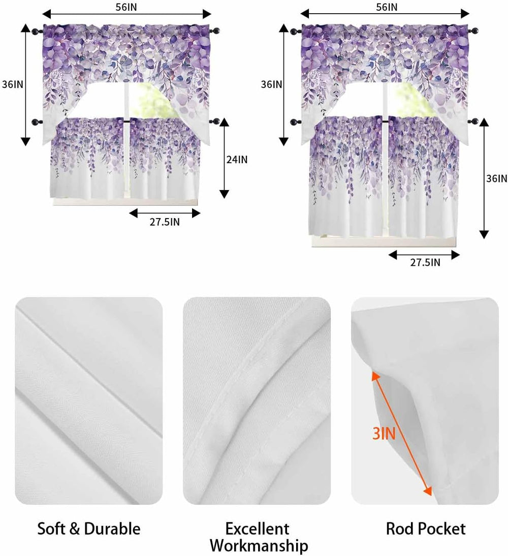 Spring Botanical Swag Curtains Valance and Tier Set, Purple Eucalyptus Leaves...