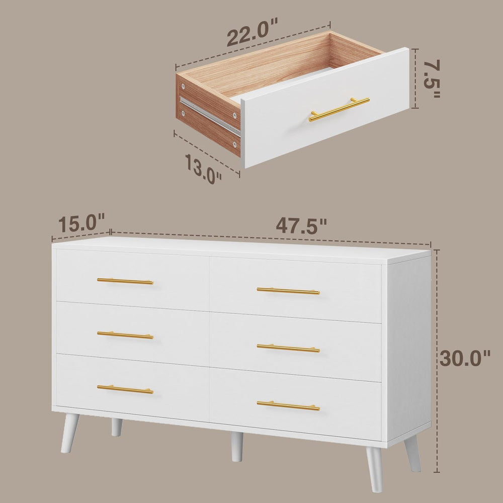 Aiho 6 Drawer Dresser for Bedroom, Wood Chest with Metal Handles, White