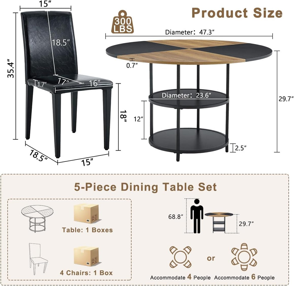 47 Inch Round Dining Table Set for 4,Kitchen Table and Chairs for 4 with Stor...