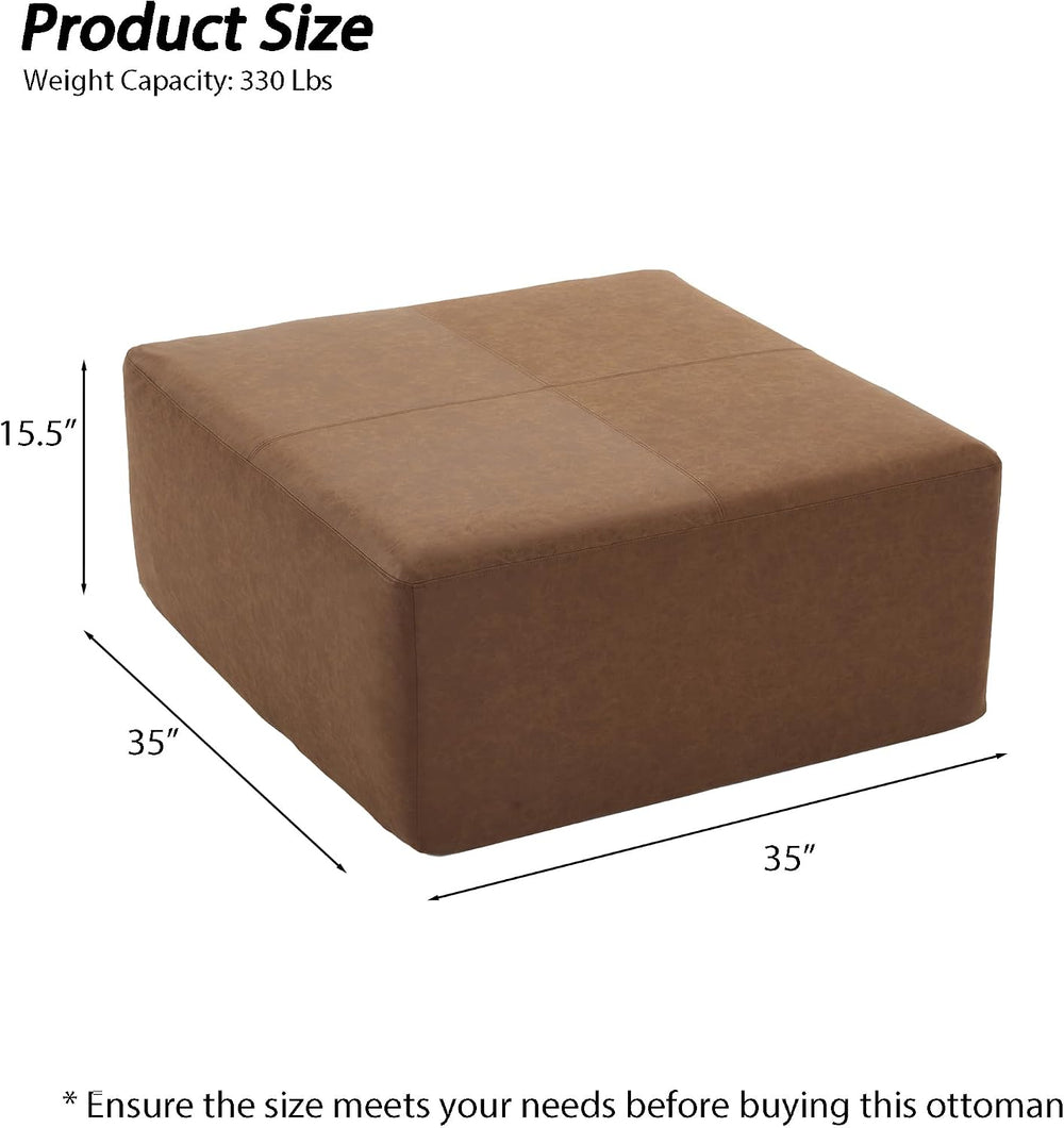 35" Faux Leather Large Square Ottoman Coffee Table for Living Room, Brow...