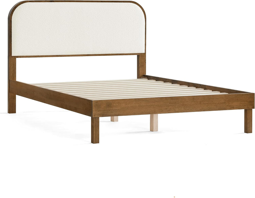 KISLOT Wood Bed Frame with Upholstered Headboard, Mid-Century Boucle Fabric P...
