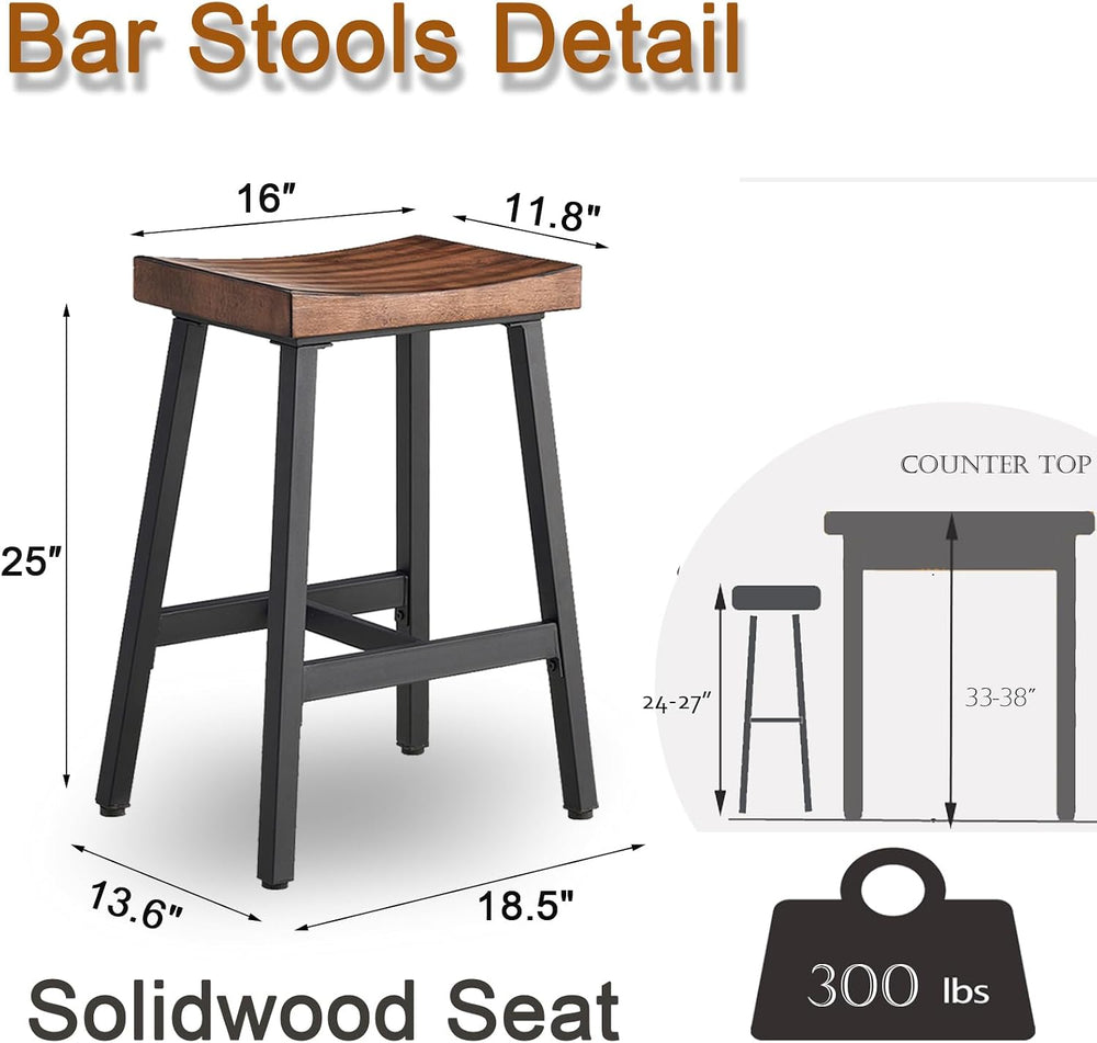 KORZEY Wood Counter Bar Stools Set of 3, Industrial Barstools with Rustic Sad...