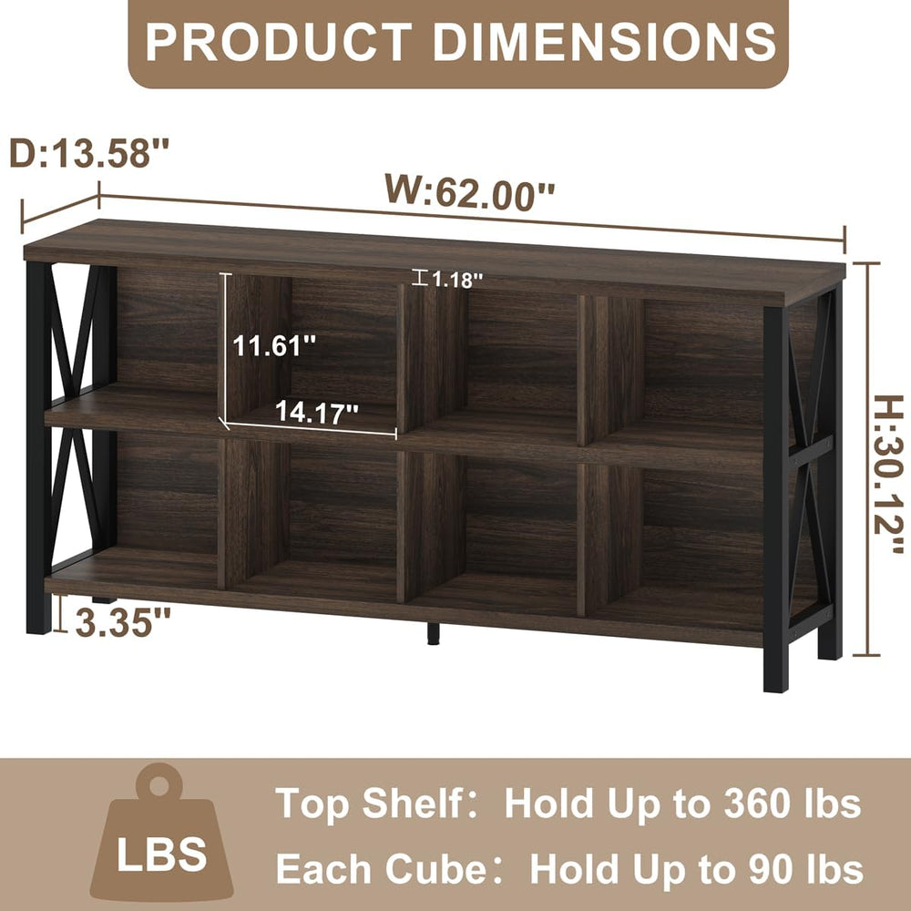 8 Cube Storage Organizer Bookshelf, 62 Inch Rustic Wood Horizontal Bookcase, ...