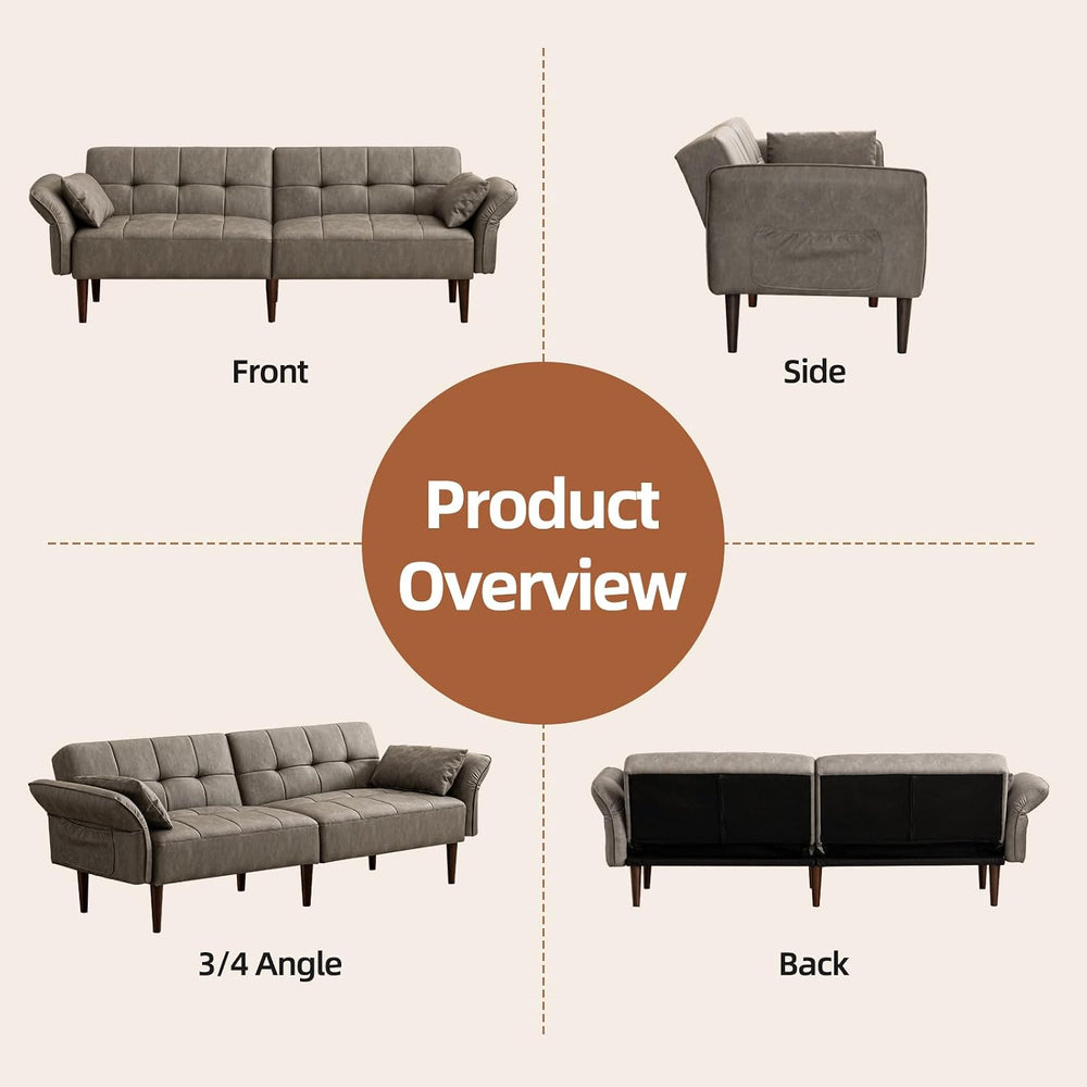 HALLYBEE 85" Futon Faux Leather Couch with Adjustable Armrests Grey