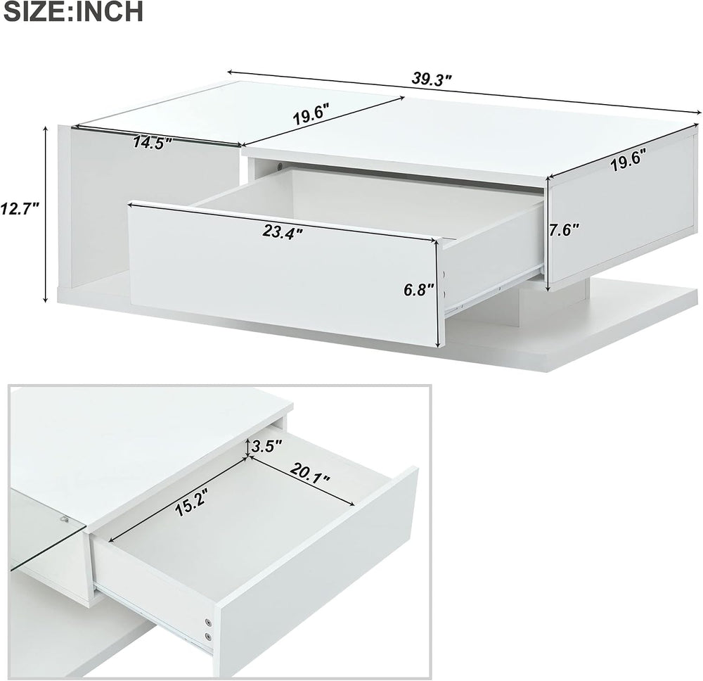Modern Coffee Table with Tempered Glass, Wooden Cocktail Table with High-Glos...
