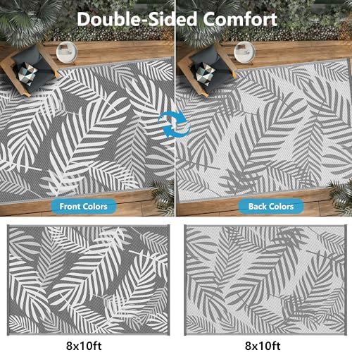 Kohree Outdoor Rug, Leaf, 8x10, Grey & White