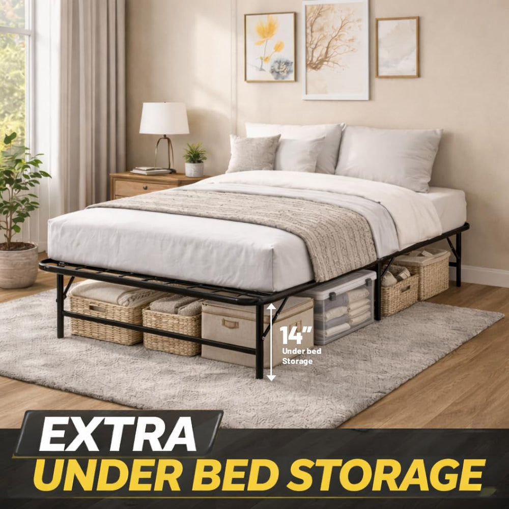 Greaton, 14-Inch Foldable Metal Platform Bed Frame with Tool Free Setup, Stur...