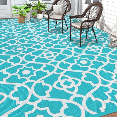 HEBE Waterproof Outdoor Rug 9'x12', Geometric Reversible Plastic Pati...