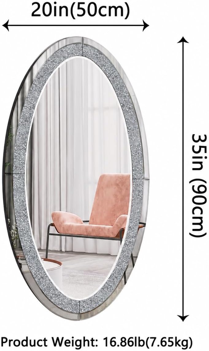 SHYFOY Oval Mirror, 36" x 23" Crushed Diamond Decorative Wall Mirror