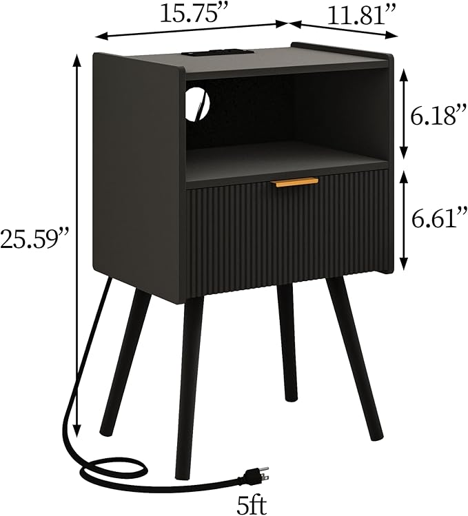 Black Nightstand with Outlet,Modern Bedside Table with Storage Drawer and Ope...