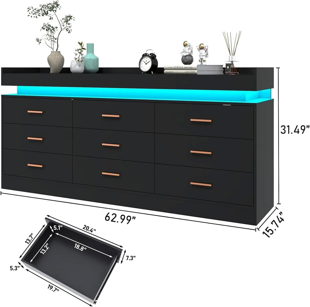 9 Drawer Dresser with LED Light and Charging Station, Modern Chest of Drawers...