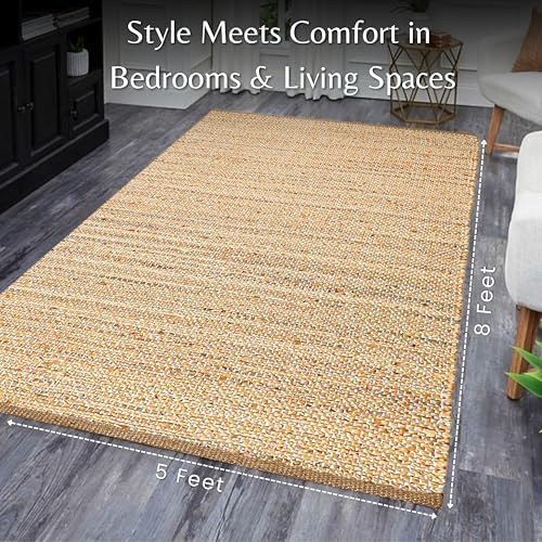 Hausattire Jute Braided Area Rug, 5x8 ft, Natural, Handwoven, Reversible