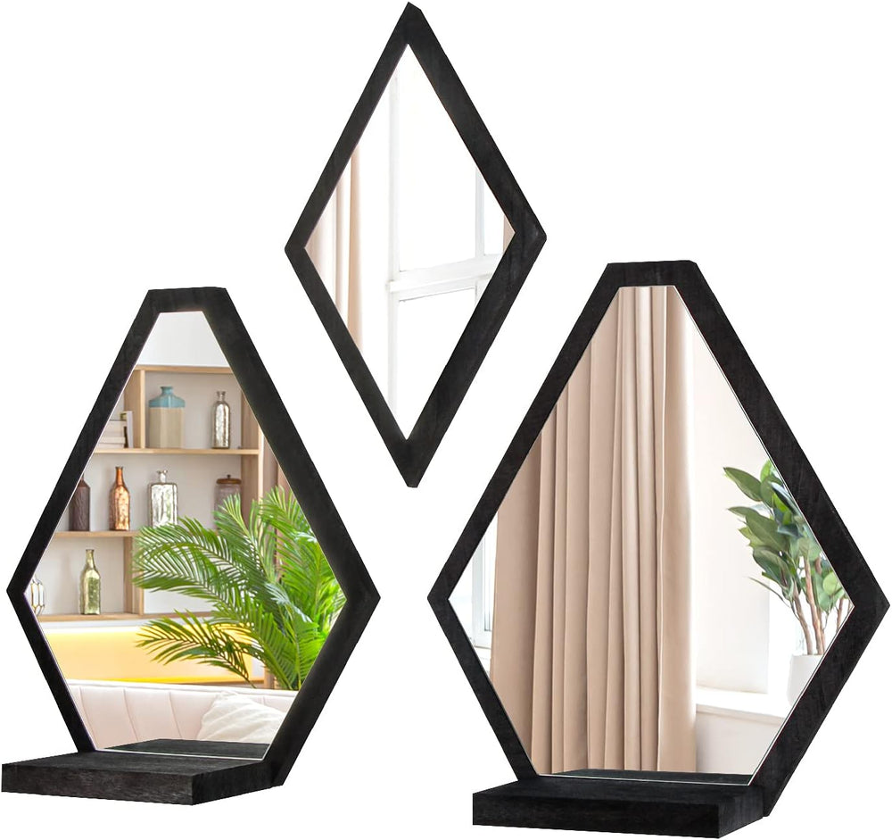 JACKCUBE Design Wall Mount Decorative Mirrors- Set of 3, Geometric Rustic Woo...
