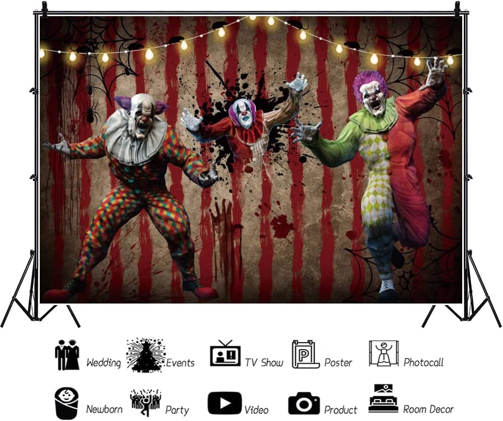 10x7ft Halloween Clown Backdrop Horror Scary Circus Carnival Bloody Handprint...