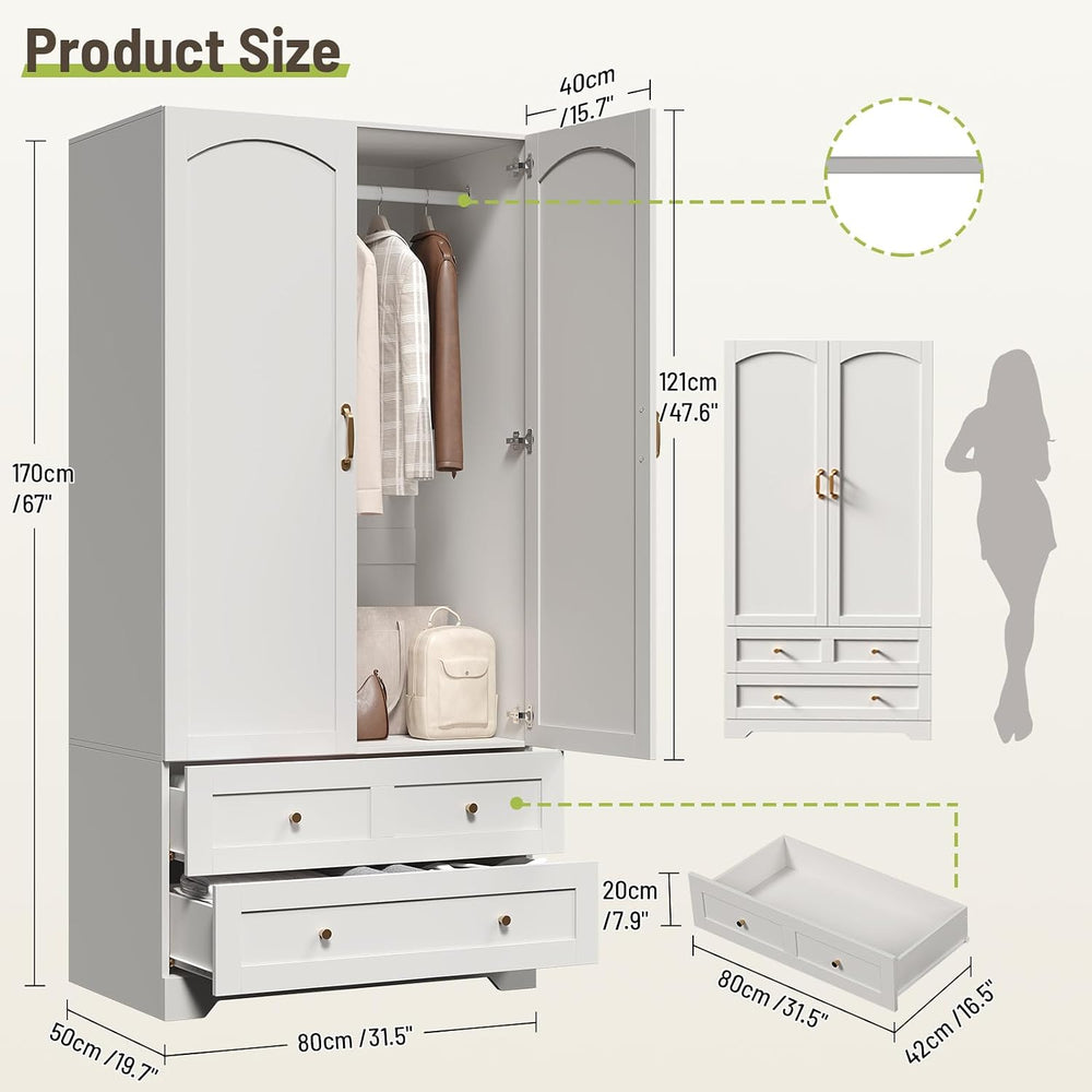 Armoire Wardrobe Closet with 2 Drawers & Mirror, White