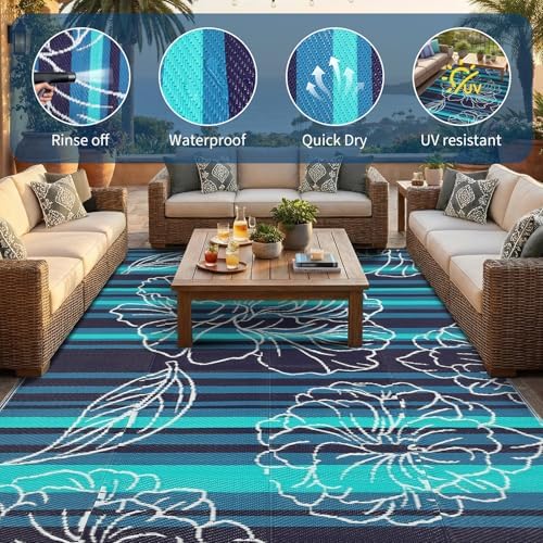 Garvee 5x8 Outdoor Waterproof Rug Reversible Straw Patio Rug Black&Blue