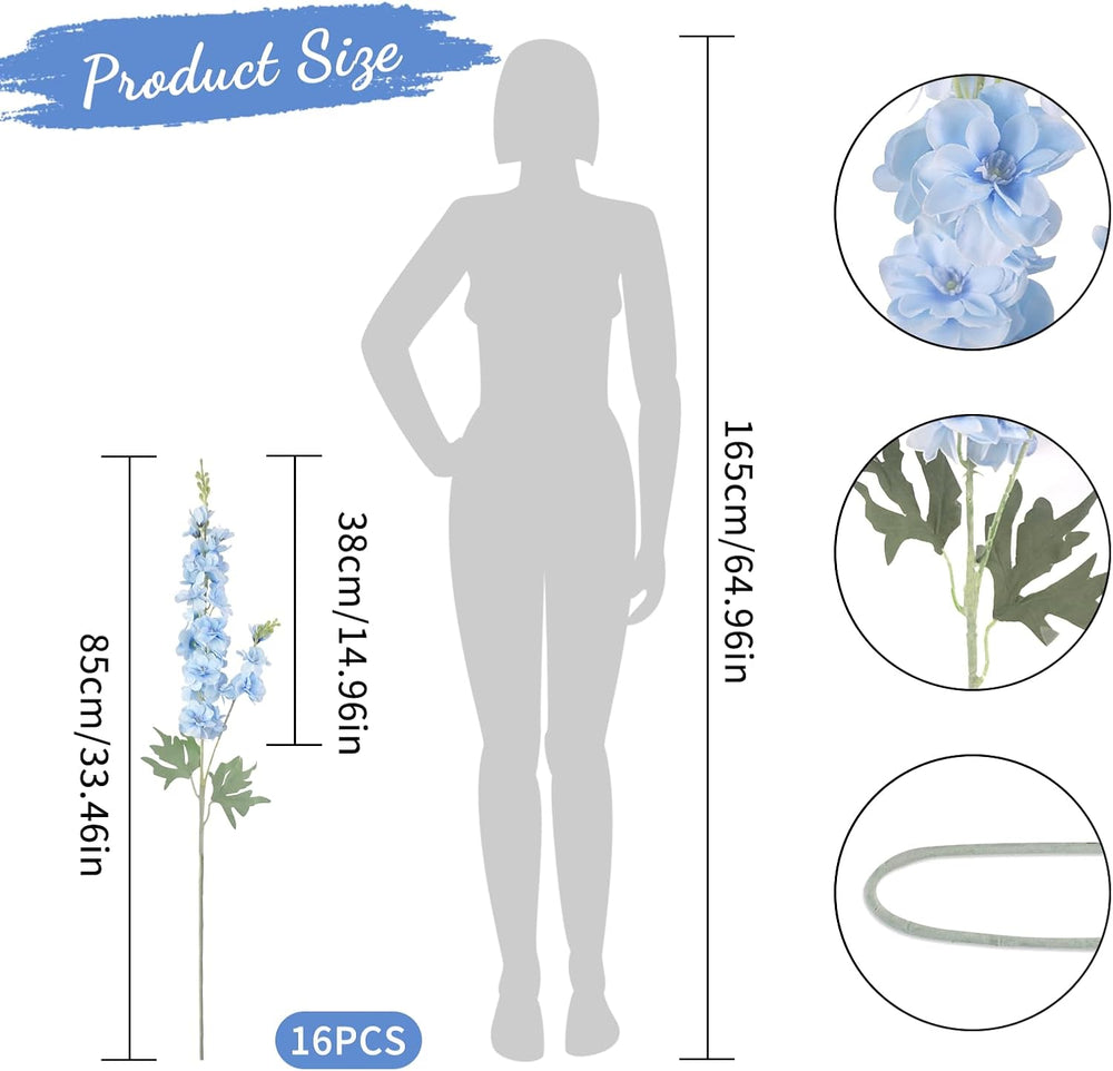 16Pcs Light Blue Delphinium Artificial Flower 33.5'' Long Stem Blue F...