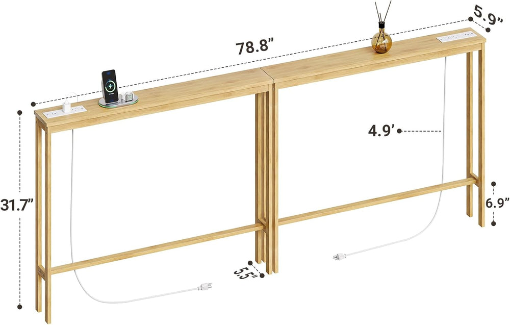 ELYKEN Bamboo Narrow Console Table with Charging Station, 2 Pack Slim Sofa Ta...