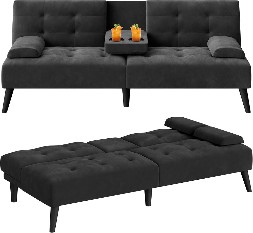 64" Futon Sofa Bed, Small Loveseat, Cup Holders Armrests, Black