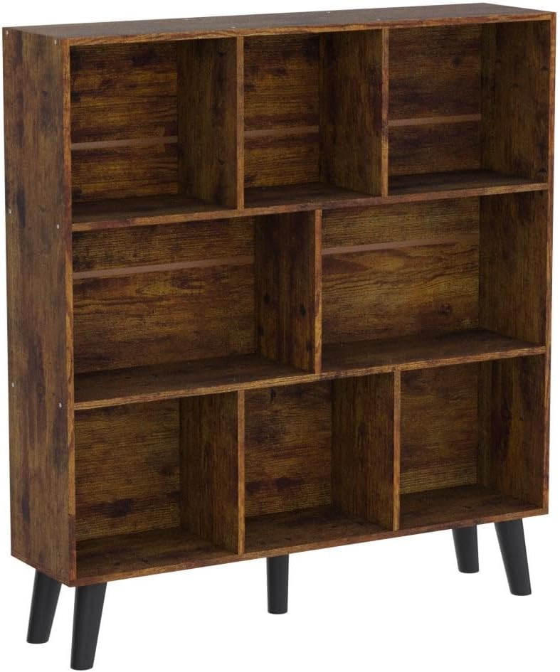 LEYAOYAO 8 Cube Bookshelf,3 Tier Bookcase with Legs,Rustic Brown Mid-Century ...