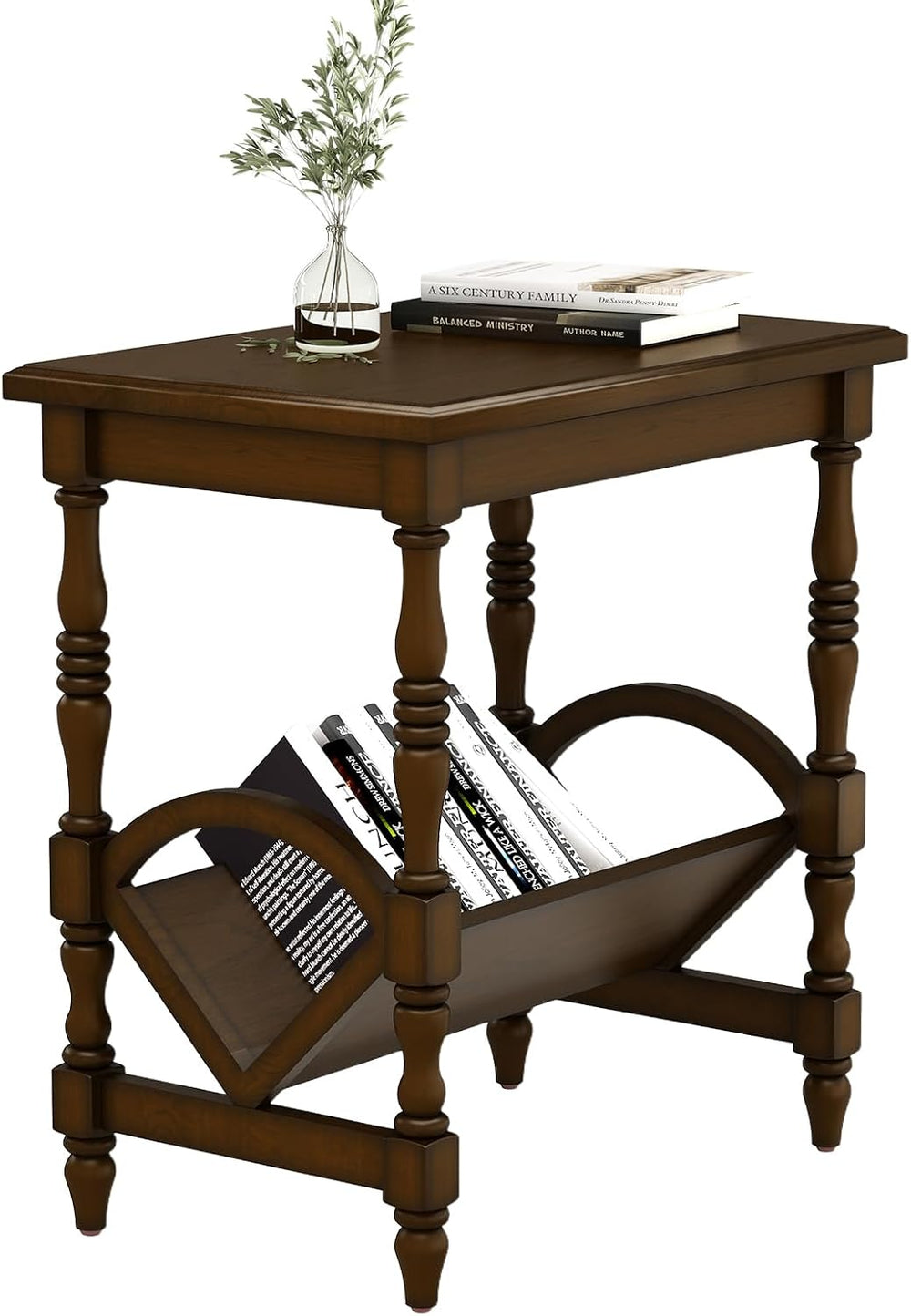 LKTART Wood End Table, Vintage Sofa Side Table with Magazine Rack and Rubberw...