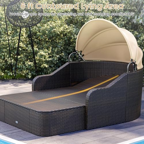 Moccha Outdoor Daybed with Retractable Canopy - PE Rattan Double Chaise Loung...