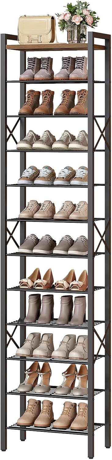 12-Tier Narrow Shoe Rack, Tall Shoe Rack for 12-24 Pairs, Slim Shoe Storage O...