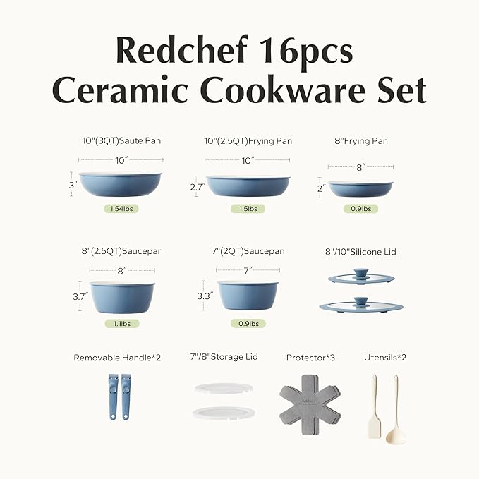 Redchef 16pcs Ceramic Nonstick Pots and Pans Set, Kitchen Cookware Set