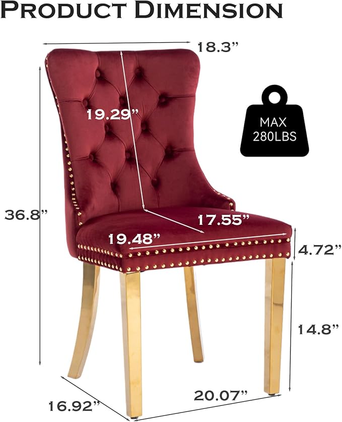 Velvet Upholstered Dining Chairs Set of 2, Modern Style Kitchen Side Chairs w...