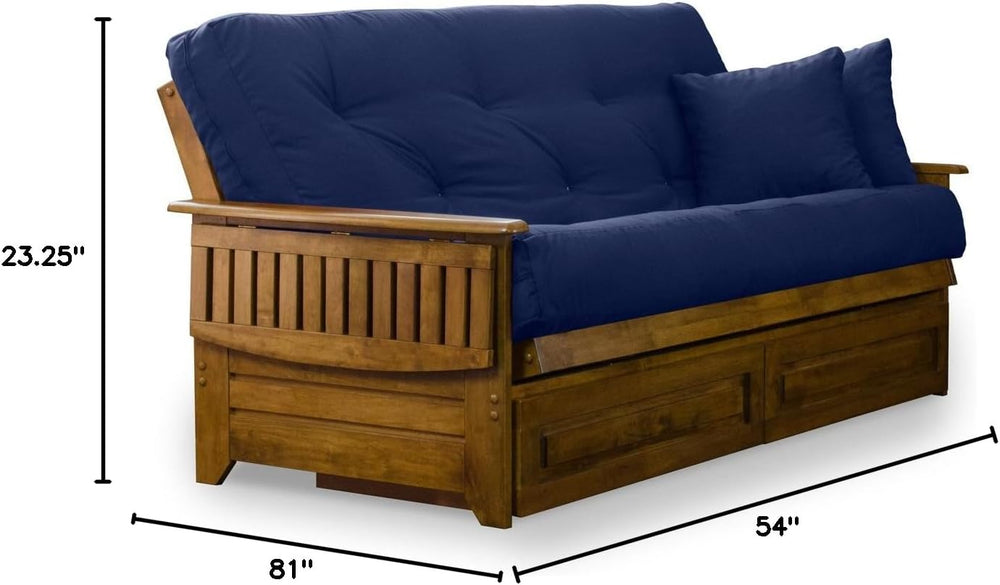 Nirvana Futons Brentwood Tray Arm Futon Frame, Drawers, and Navy Blue Mattres...