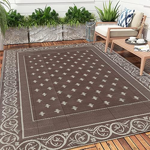 Pauwer Waterproof Outdoor Rug 9x12, Plastic Patio Rug, Bordered Brown