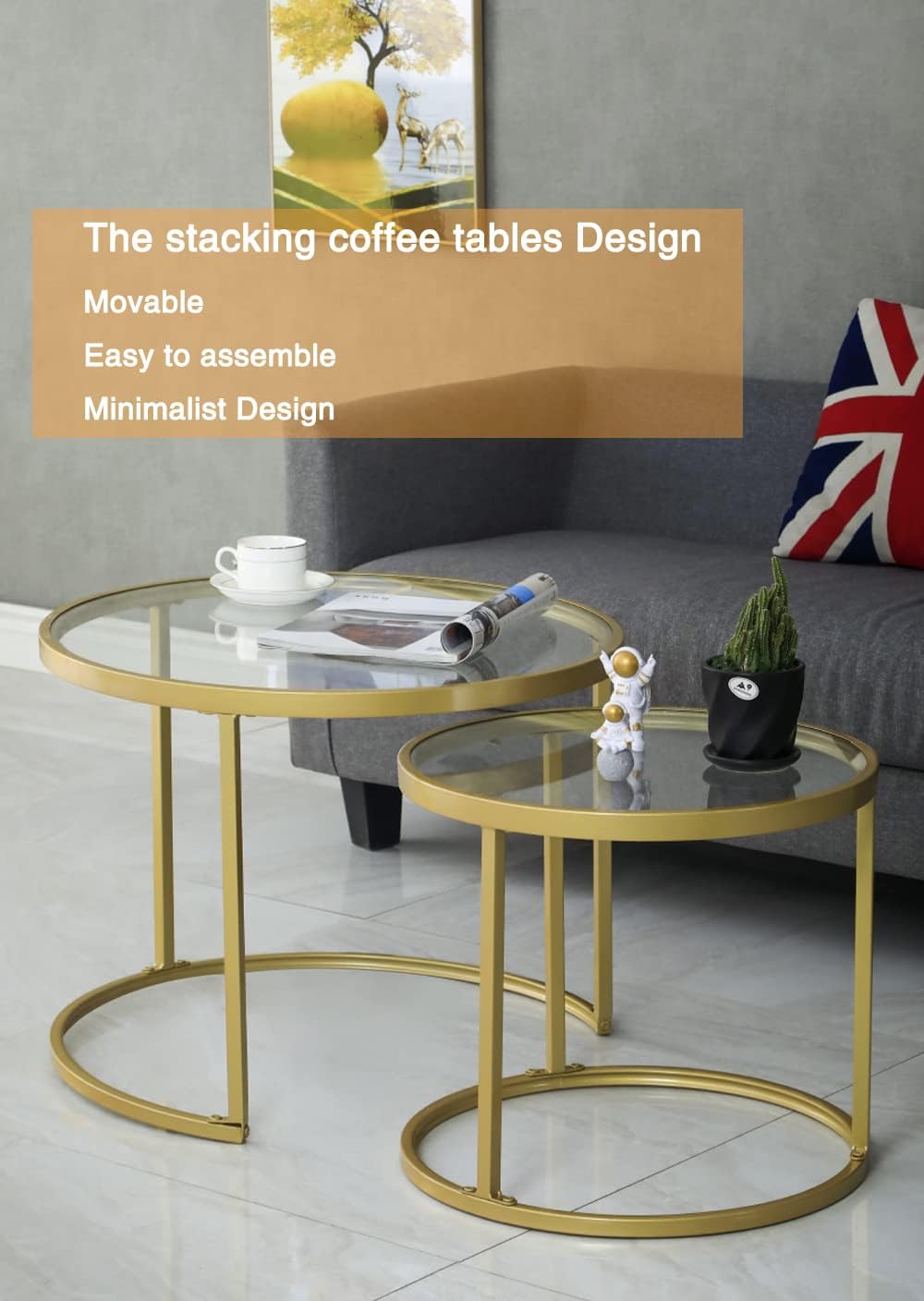 Round Nesting Coffee Table Gold Set of 2 for Living Room, Modern Side Tables ...