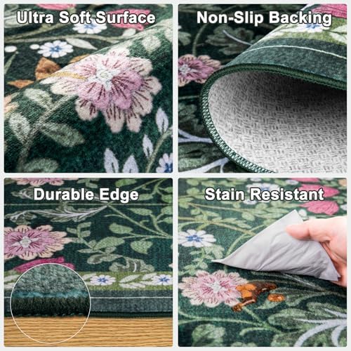 PLHXFR 8x10 Area Rug Living Room: Floral Washable Boho Carpet Dark Green