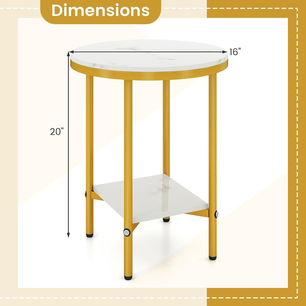 Giantex Round Side Table Set of 2, 2-Tier Faux Marble Bedside Night Stand w/M...