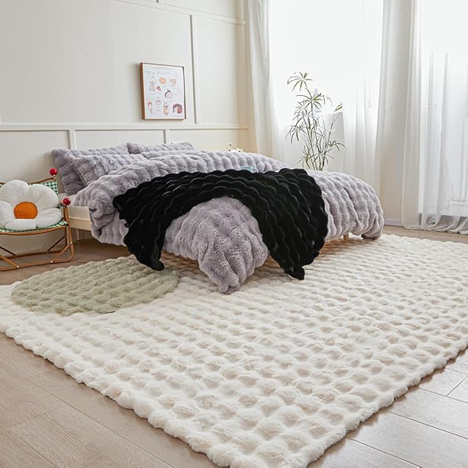 Creamy White Rabbit Plush Rug 8'x10', Fluffy Faux Fur Shaggy Area Rug