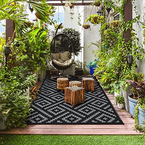 GENIMO Outdoor Rug, Waterproof Plastic Rugs for Patio, 6'x9' Black Grey