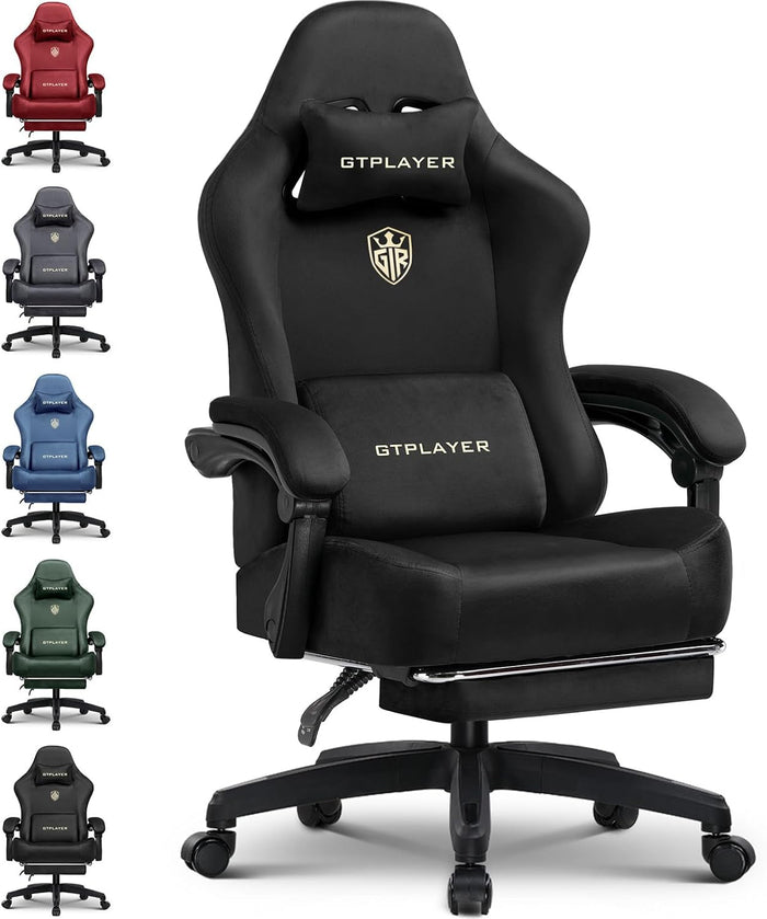 GTPLAYER Big and Tall Gaming Chair Fabric with Pocket Spring Cushion, High Back Ergonomic Computer Chair with Footrest for Adults Lumbar Support Swivel Game Chair for Office Gaming 350LBS, Black